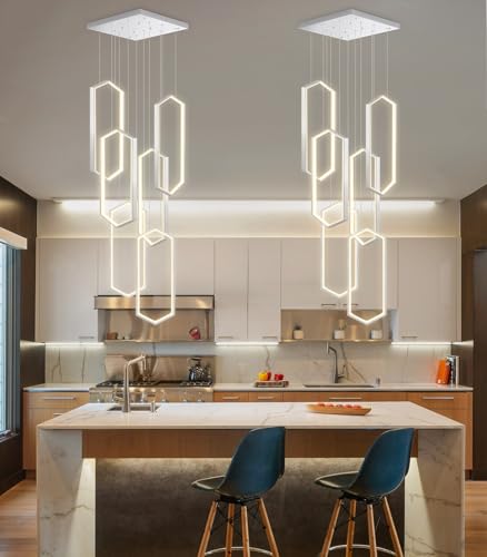6 Rings Modern Chandelier LED Dimmable Pendant Lighting Adjust Flush Mount Ceiling Light for Foyer Lobby Living Room Staircaes Sliver 78.7''