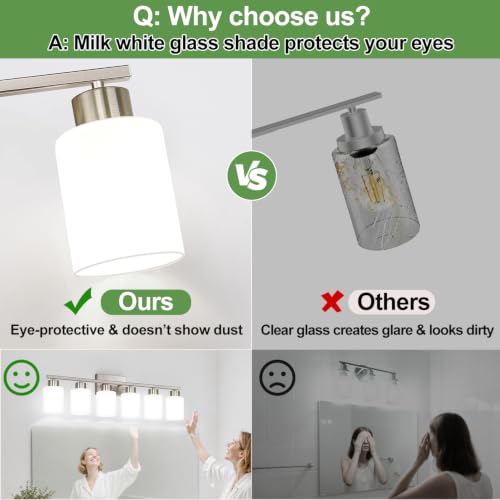 Brushed Nickel Bathroom Light Fixtures with Milk Glass Shades