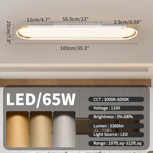 Modern LED Ceiling Light Dimmable Linear Ceiling Light 39.4in Semi Flush Mount Long Lights with Remote Control and Side Lighting for Living Room Kitchen Dining Room White & Gold