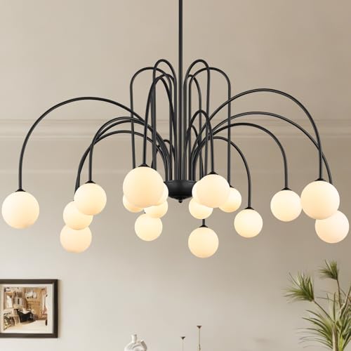 Black Sputnik Chandelier with Milk Glass Globe 18 Lights L59 Inch