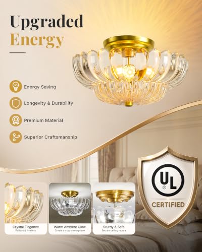 Semi Flush Mount Ceiling Light Fixture 11.8" Vinatge Gold Ceiling Lights Mid Century Modern Clear Glass Close to Ceiling Lighting Fixtures for Bedroom Hallway Foyer Bathroom Kitchen Entryway (3 Count)