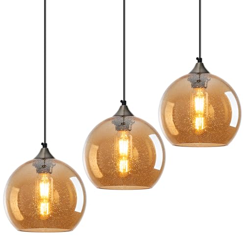 Amber Glass Pendant Lights Kitchen Island Lighting Globe Pendant Light Fixtures Modern Pendant Lighting for Bedroom Living Dining Room Light Fixture (3 Count)