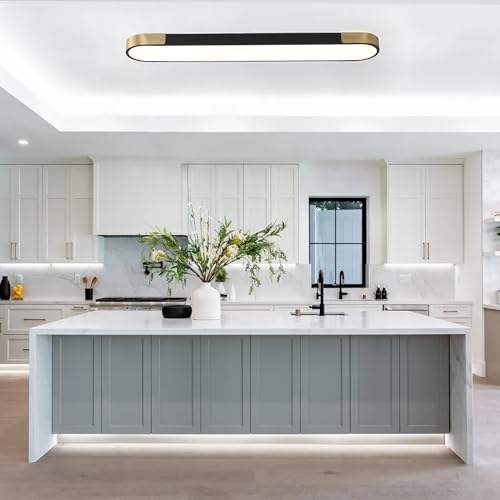 4.59FT LED Flush Mount Kitchen Light Fixtures 65W Dimmable Flush Mount Ceiling Light Fixture Black and Gold Led Ceiling Light Linear LED Ceiling Lamp for Laundry Shop Garage Office