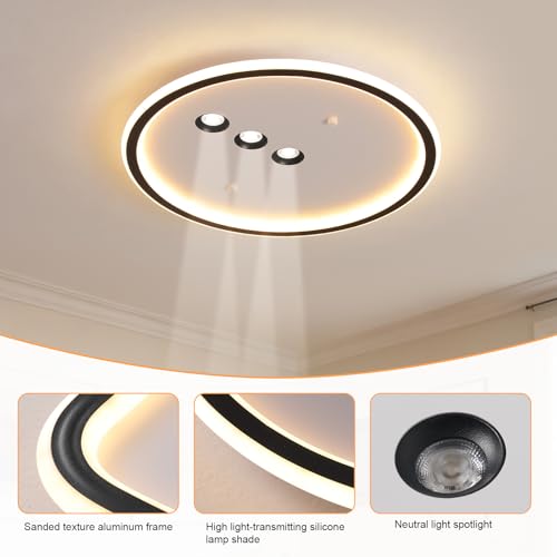 Modern Round LED Flush Mount Ceiling Light with Black Finish & 3 Spotlights