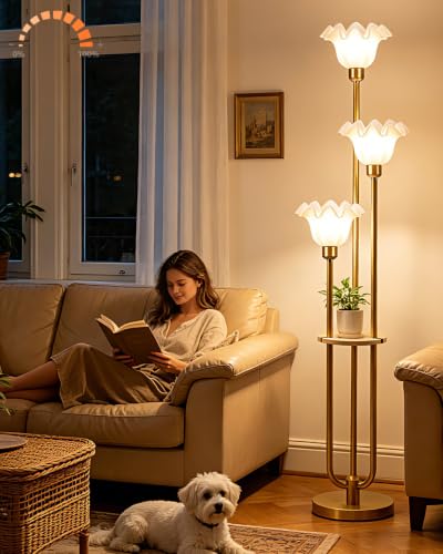 Flower Floor Lamp for Living Room Dimmable Vintage Floor Lamp with Shelf& Bulbs Included Mid Century Gold Floral Standing Tall Lamp for Bedroom (3 Count)