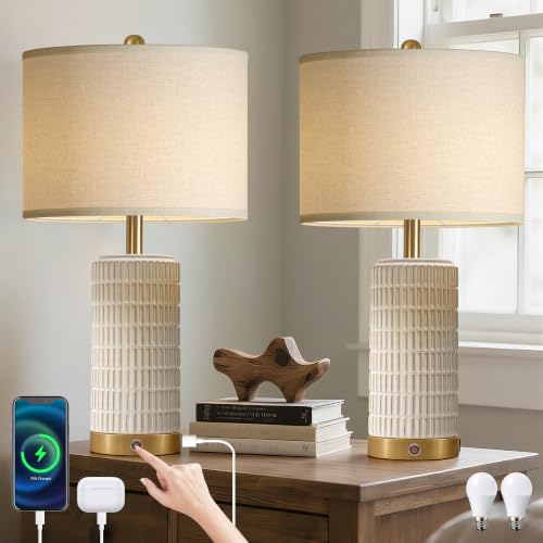 25" Ceramic Touch Table Lamp Set of 2 for bedroom and Living Room White (2 Count)