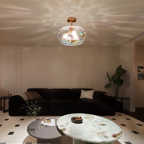 Brass Gold Semi Flush Mount Ceiling Fixture Large Hammered Glass Shade Modern Close to Ceiling Light 14" Art Lampshade for Hallway Foyer Bedroom