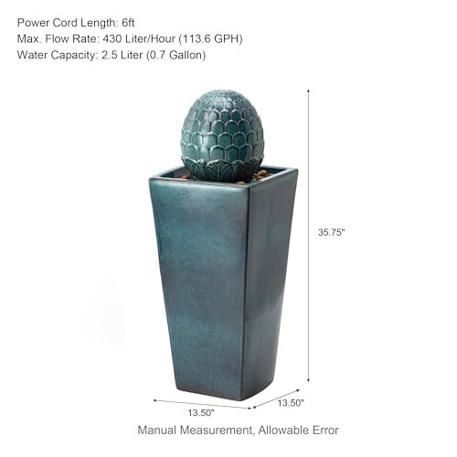 35.75" H Tall Ceramic Outdoor Water Fountain with LED Light Oversized Artichoke Pedestal Fountains with Submersible Pump Patio Fountain Waterfall for Garden Patio Deck Porch