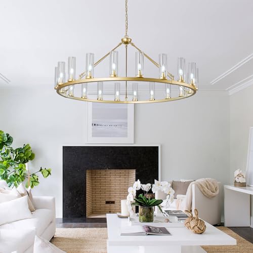 20 Light Large Wagon Wheel Chandelier with Clear Glass Shade Gold Round Pendant Light Farmhouse Industrial Chandeliers Dining Room Light Fixture for Stair Living Room Foyer Kitchen