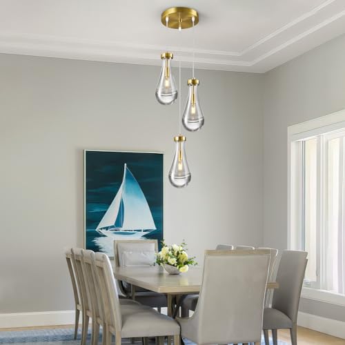 Raindrop Pendant Lights Kitchen Island Teardrop Gold Hanging Light Fixtures Clear Solid Glass Pendant Light Modern Chandeliers for Dining Room Porch Corridor Living Room
