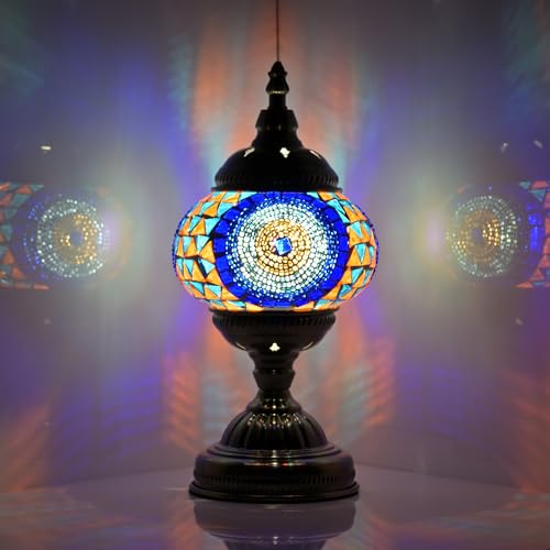 Turkish Moroccan Table Lamp Lantern with Handmade Mosaic Glass Lampshade Tiffany Style Bohemian Stained Glass Decorative Desk Lamps Bedside Night Lights for Bedroom