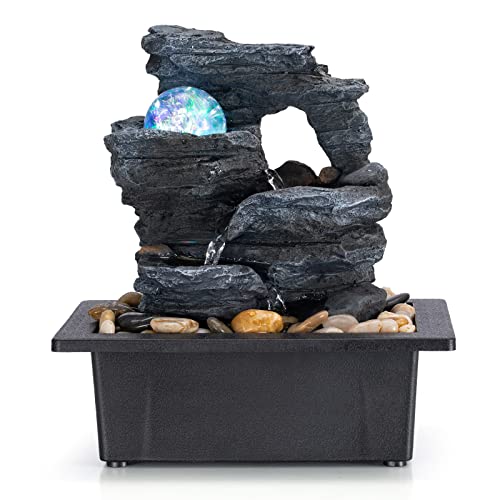 Table Top Fountain Spin Ball Rock Waterfall Fountain Office Table Top Fountain Includes Many Natural River Rocks Decorated with Colorful Lights and Rollers 9.05" L x 6.95" W x 10.25" H