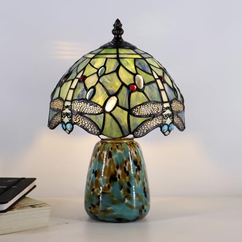 Tiffany Mushroom Table Lamp Dragonfly Style Sea Blue Stained Glass Accent Lamp Brown Blue Glass Base 8X8X12 Inch