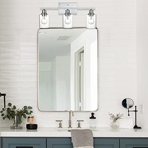 3 Light Wall Light Fixture with Clear Glass Shade Classic Bathroom Vanity Lighting Fixture in Chrome Finish Metal Wall Mounted Lamp for Powder Room Hallway (3 Count)