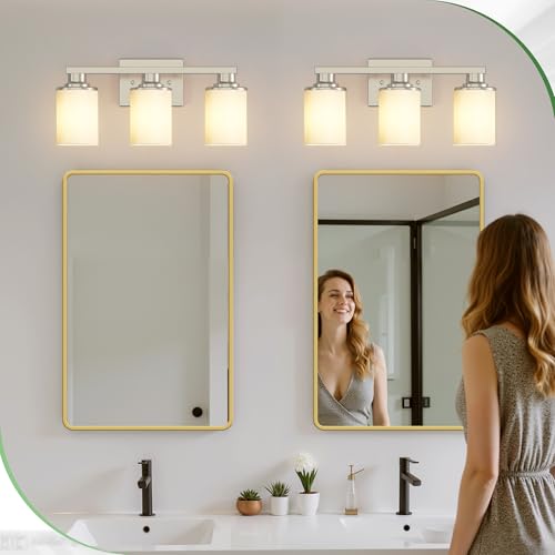 17 Inch 3 Light Nickel Bathroom Vanity Light Milk Glass