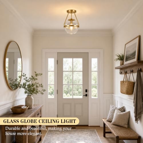 10" Semi Flush Mount Ceiling Light with Clear Glass Shade Mid Century Ceiling Light Modern Gold Globe Semi Flush Mount Ceiling Light Fixture for Bedroom Hallway Bathroom Foyer