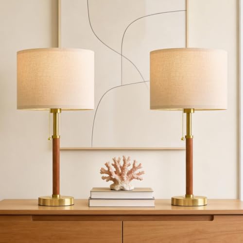 22" Wood Table Lamps Mid Century Modern Lamp for Bedroom Living Room (2 Count)