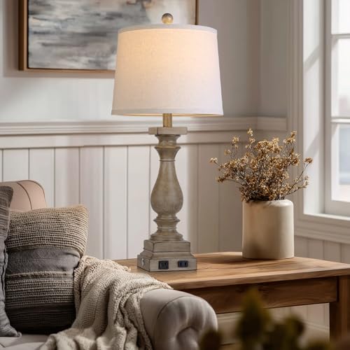28" Tall Farmhouse Table Lamp with USB C+A Ports and AC Outlet