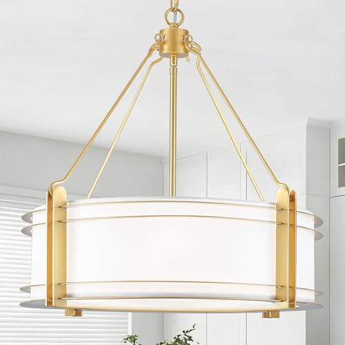 20.4'' Gold Drum Chandelier with White Linen Fabric Shade