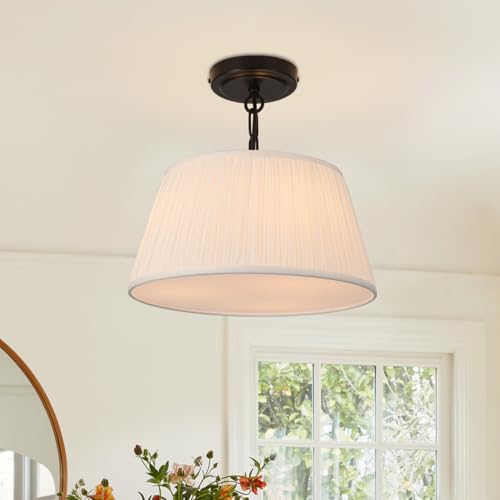 12.6”Dia White Pleated Drum Shade Close to Ceiling Light Fixture