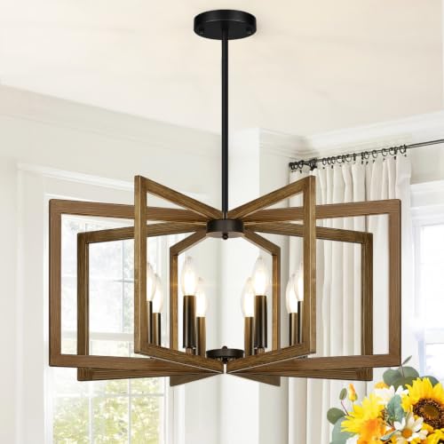 25" 61" Height Adjustable Retro Wood Texture Chandelier for Dining Room