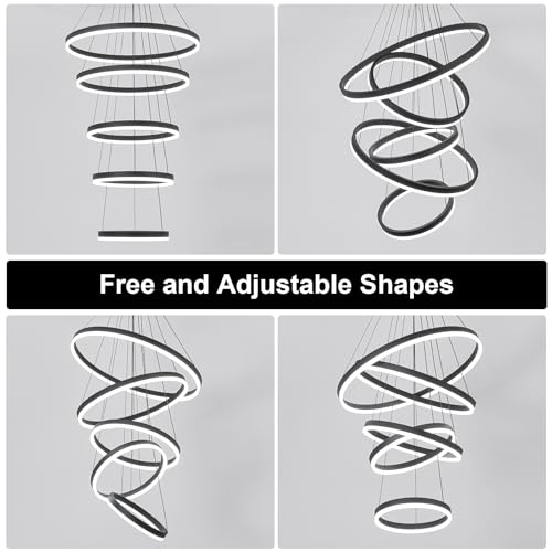 5 Rings Modern LED Chandelier Black Dimmable High Ceiling Chandelier for Dining Room with Remote Control for Foyer Living Room Entryway Staircase