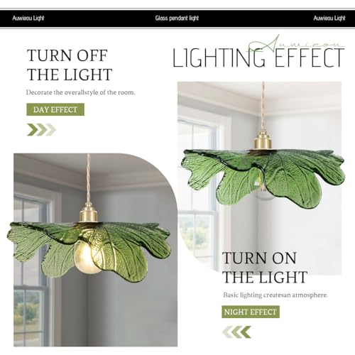 15.7" Green Glass Floral Ceiling Pendant Light Mid Century Large Hanging Light Gold Adjustable Cord Single Pendant for Kitchen Living Room Dining Table