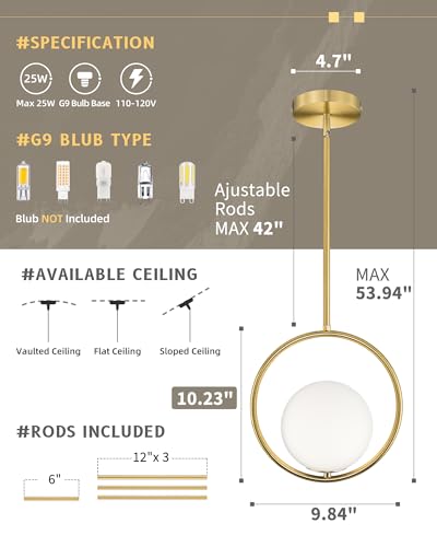 1 Light 10 Inch Brushed Gold Glass Pendant Lights Kitchen Island