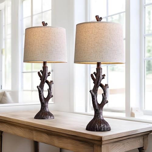 25" Farmhouse Table Lamp Set of 2 for Living Room Bedroom Resin Bedside Tree Lamp Nightstand End Table Lamps Vintage Natural Style (2 Count)