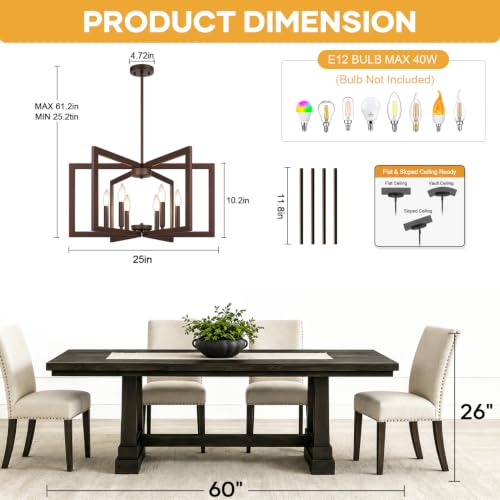 25" 61" Height Adjustable Modern Matte Brown Chandelier for Dining Room