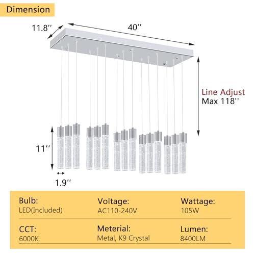 15 Lights Modern Crystal Chandelier LED Pendant Lighting Fixture for Kitchen Island Light Fixtures for Dining Room Hallway Foyer