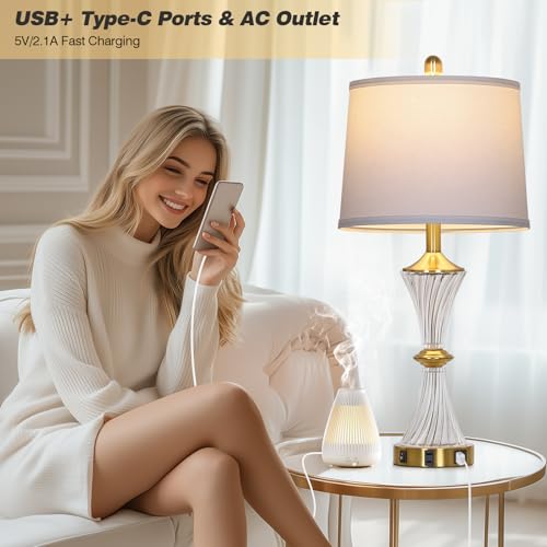 Crystal Glass Table Lamp Set of 2 with USB C+A Ports & AC Outlet (2 Count)