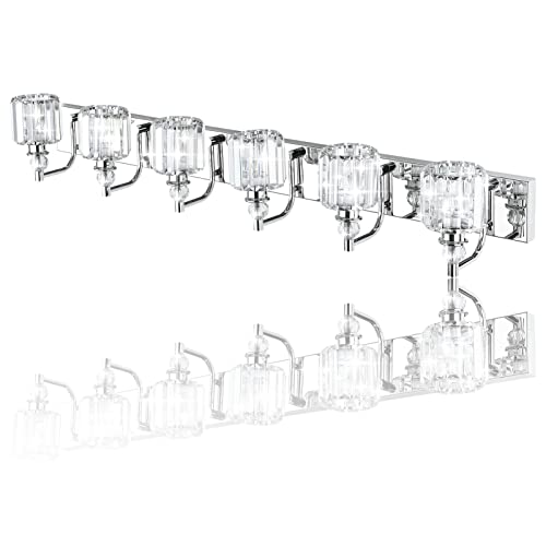 Crystal Vanity Lights 6 Light 48" Modern Crystal Bathroom Lights Fixtures Over Long Mirror Stainless Steel Chrome Vanity Light for Bathroom Wall Lights Fixtures