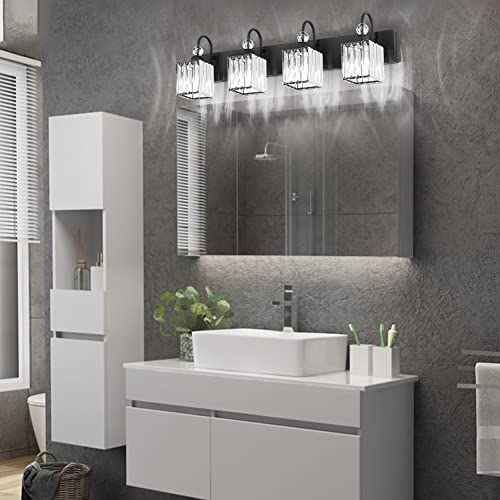 Matte Black Crystal Vanity Light 4 Light Modern Crystal Bathroom Lighting Fixtures Over Mirror