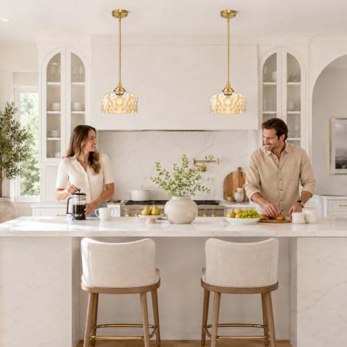 Gold Farmhouse Hammered Glass Kitchen Pendant Lighting Over Island