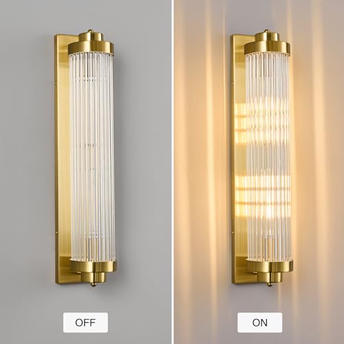 Gold Wall Sconces with Crystal Glass Strip Bathroom Sconces 2 Light E12 Base Modern Wall Lights for Bedroom Living Room Hallway Wall Light Fixtures