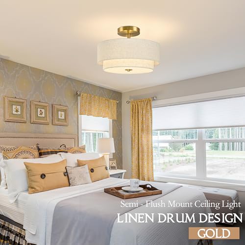2 Light Semi Flush Mount Ceiling Light Fixture 12.6 Inch Modern Gold Drum Lights Fixture with 2