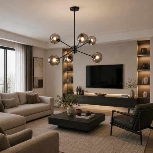 6 Lights Modern Glass Globe Sputnik Chandelier Mid Century Matte Black Sputnik Pendant Light Fixture Adjustable Vintage Large Smoke Gray Ball Chandelier Pendant Light for Kitchen Living Room