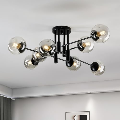 8 Light Sputnik Chandelier with Glass Globe Mid Century Modern Black Ceiling Light Fixture Large Flush Mount Chandelier for Dining Room Bedroom Living Room Kitchen