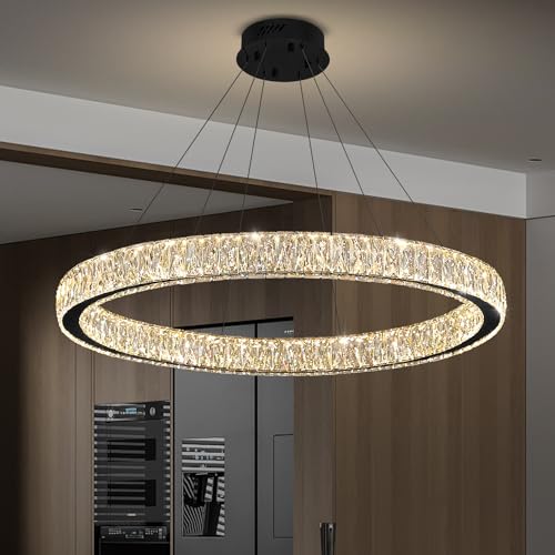 39.4in Large Ring Chandelier for Living Room Modern LED Black Crystal Chandelier for Dining Room Dimmable 2700K