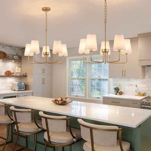 AMZASA Farmhouse Chandelier, 5-Lights Visual Comfort Gold Light, Muted Gold with White Fabric Shade, Linear Island Lighting Fixture for Kitchen, Dining Room
