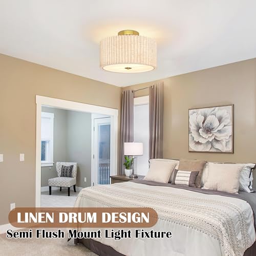 2 Light Semi Flush Mount Ceiling Light Fixture 12.6 Inch Modern Gold Drum Ceiling Light Fixture with Pleated Fabric Shade Dimmable Close to Ceiling Light for Living Room Hallway Bedroom Entryway