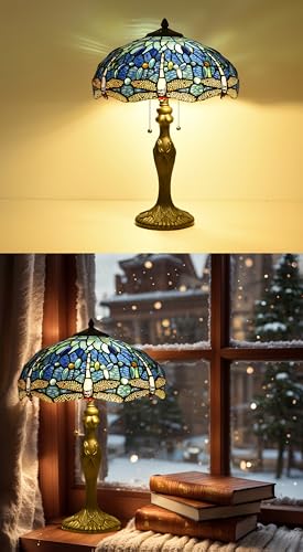 Tiffany Lamp Shade Replacement 16X7.4 Inch Blue Stained Glass Dragonfly Style Lampshade