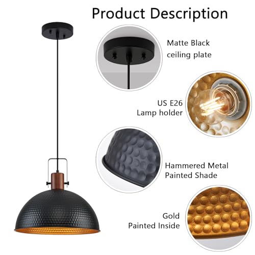 16 Inch Black Pendant Lights Hammered Matte Pendant Lights for Kitchen Island Industrial Farmhouse Adjustable Height Dome Hanging Light Fixtures for Barn (2 Count)