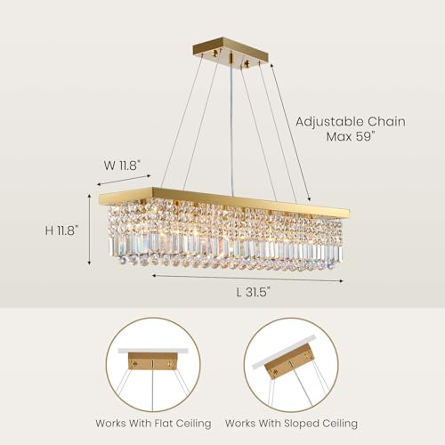 Modern Gold Crystal Chandelier Rectangle Chandeliers for Dining Room Rectangular Pendant Lighting Fixture for Kitchen Island Bedroom L31.5'' x W10'' x H10''