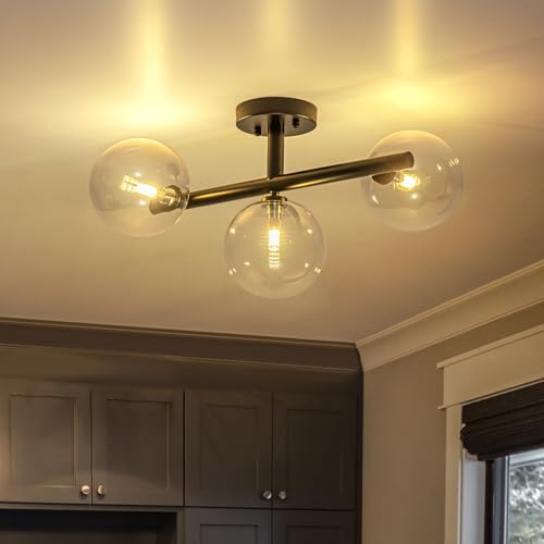 3 Light Semi Flush Mount Glass Ceiling Light Clear Globe