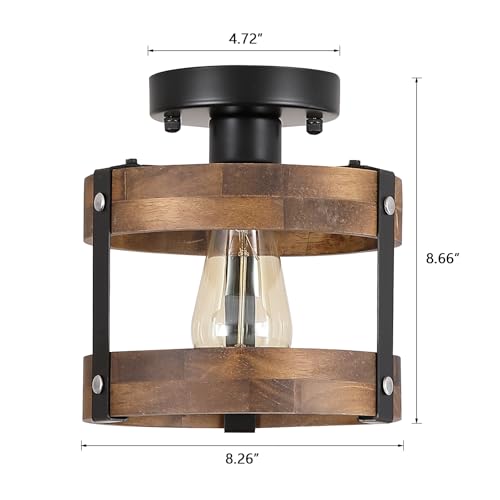 Rustic Farmhouse Wood Flush Mount Ceiling Light Fixture Oak Wood and Metal Round Cage Small Semi Flush Mount Ceiling Light for Kitchen Hallway Entry Bedroom Country Farmhouse