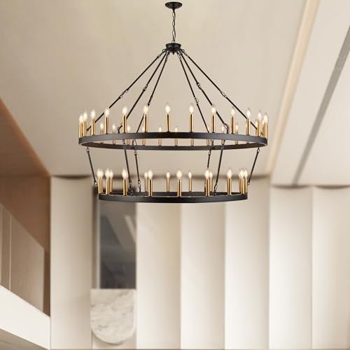 Rustic Farmhouse Wagon Wheel Chandelier Black+Brushed Brass Large Chandeliers for High Ceilings 2 Tier 48 Lights 55 Inch for Dining Room Living Room Foyer Porch Kitchen Island