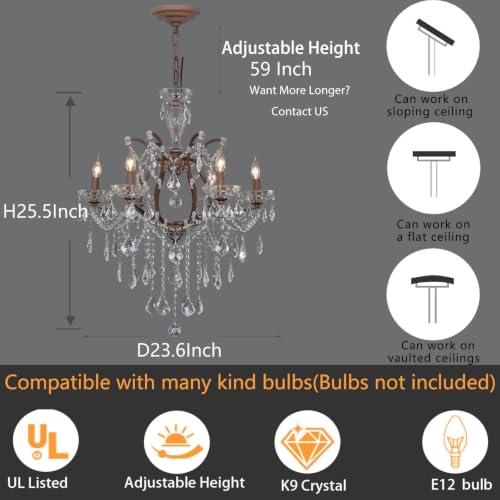 6 Light Vintage Crystal Chandeliers Maria Theresa French Country Farmhouse Chandeliers Light with K9 Crystal Pendants Distressed Brown Iron Frame Pendant Light for Bedroom Foyer Dining Room Rust color