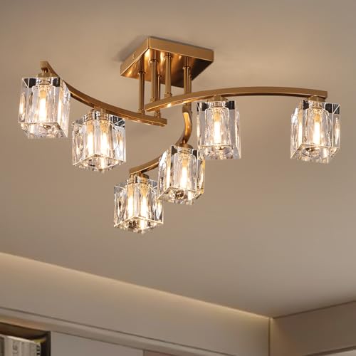6 Light Modern Sputnik Ceiling Light Fixture Farmhouse Crystal Semi Flush Mount Ceiling Light Gold Chandeliers for Dining Room Living Room Kitchen Island Bedroom Entryway